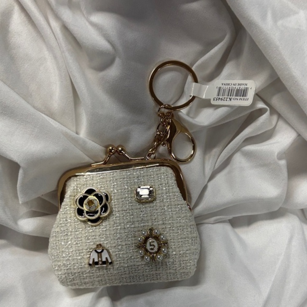 Kiss lock Tweed Coin Purse Gold charm Accents keychain pink or blue or cream